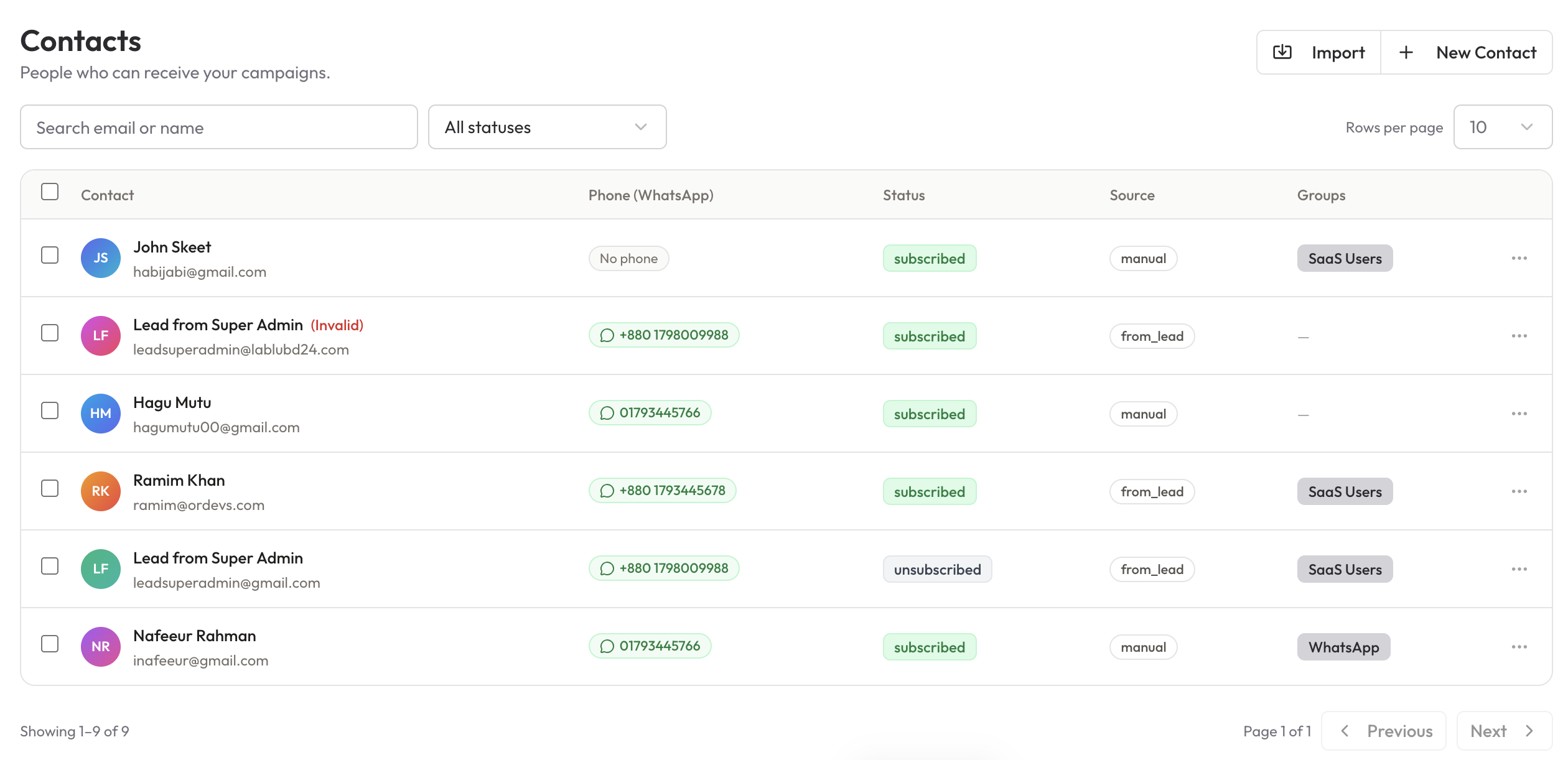 Contact list inside the WhatsApp module — search, filter by status, see source and groups at a glance