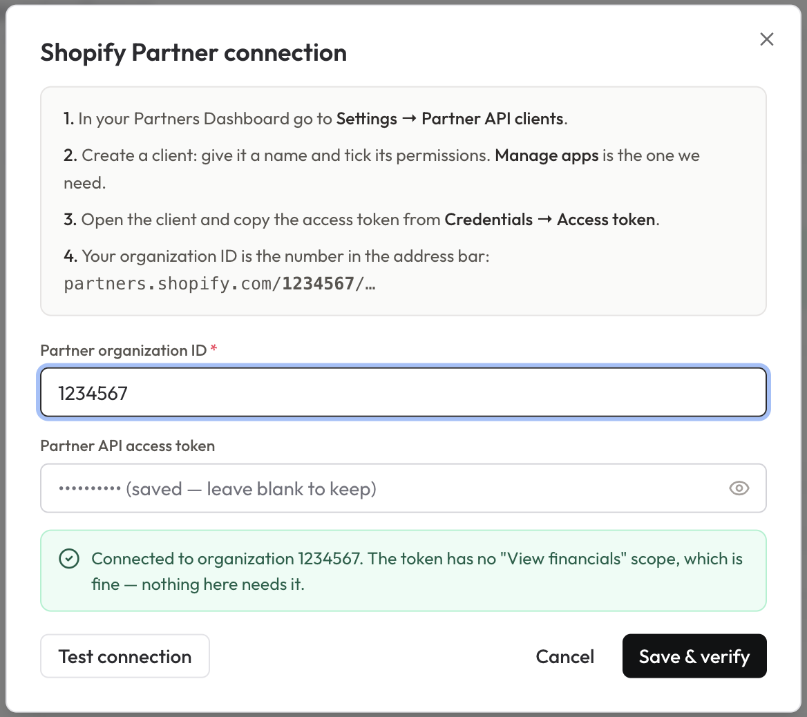Alliances PRO Shopify Partner connection window with a successful test result