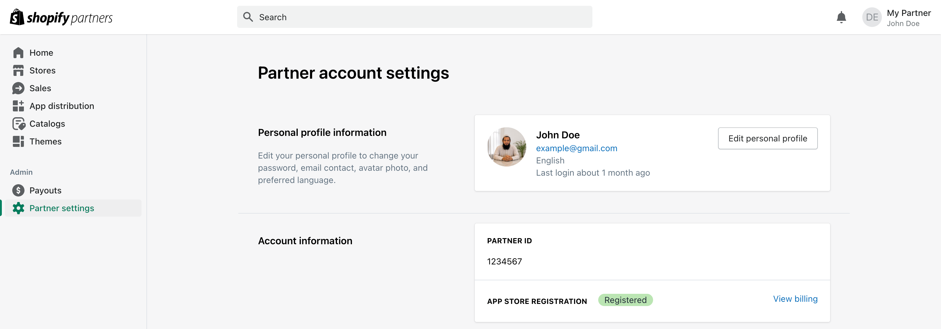 Shopify Partner account settings showing the Partner ID under Account information
