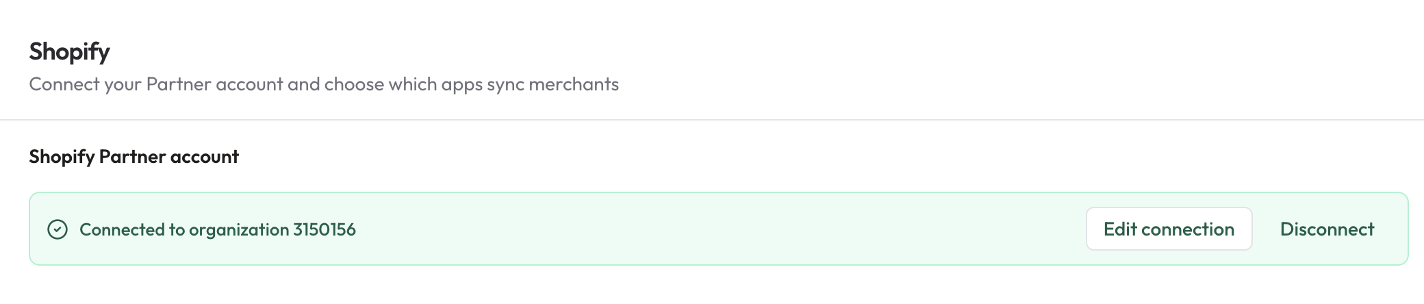Alliances PRO Shopify settings showing a connected Shopify Partner account